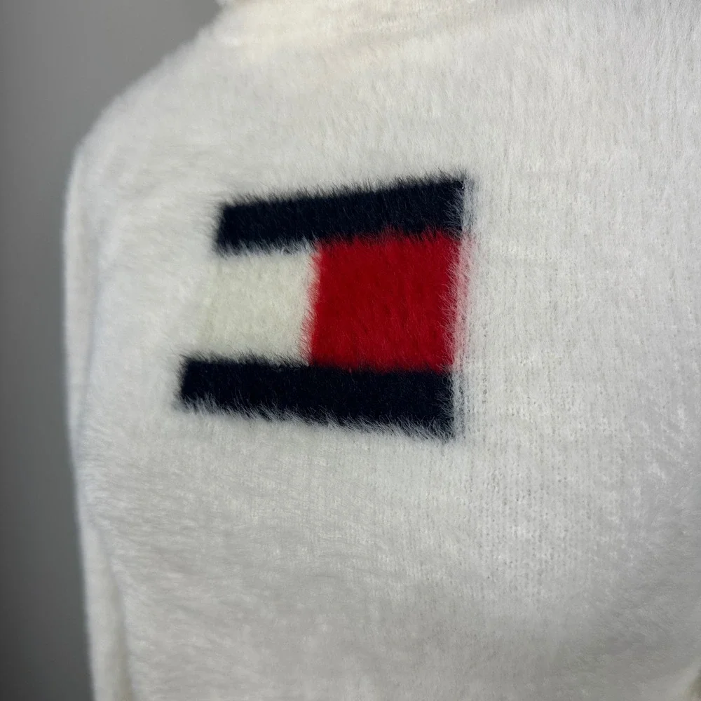 Tommy Jeans White Sweater‎ - SIZE S Cropped Turtleneck Fuzzy Y2K Preppy - Picture 3 of 6